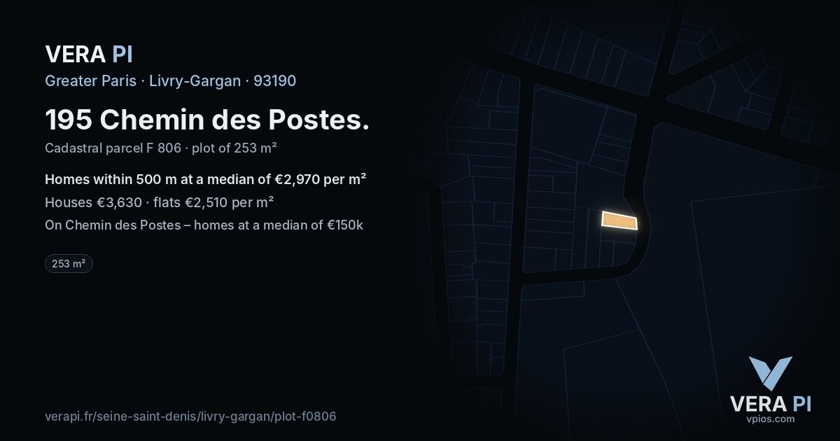 195 Chemin des Postes, Livry-Gargan at night – the plot lit, the parcels around coloured by the prices near them
