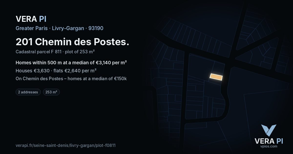 201 Chemin des Postes, Livry-Gargan at night – the plot lit, the parcels around coloured by the prices near them