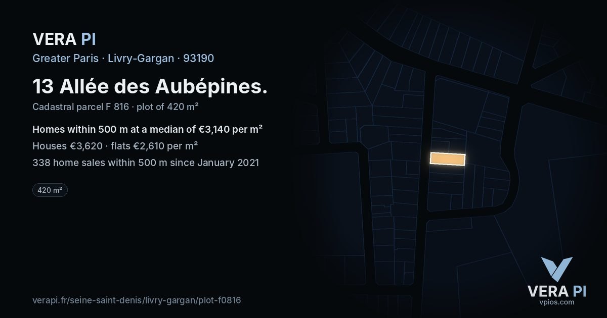 13 Allée des Aubépines, Livry-Gargan at night – the plot lit, the parcels around coloured by the prices near them