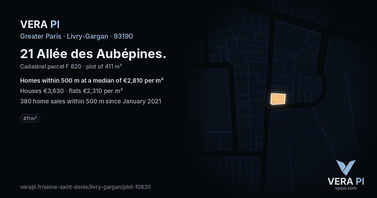 21 Allée des Aubépines, Livry-Gargan at night – the plot lit, the parcels around coloured by the prices near them
