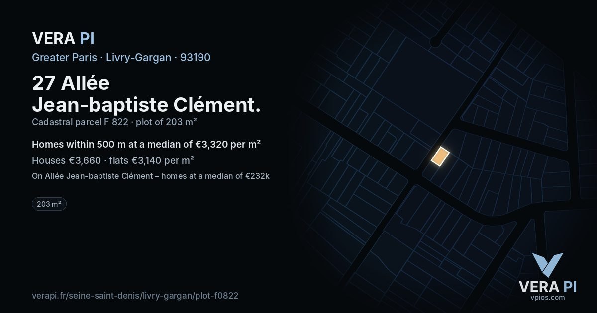 27 Allée Jean-baptiste Clément, Livry-Gargan at night – the plot lit, the parcels around coloured by the prices near them