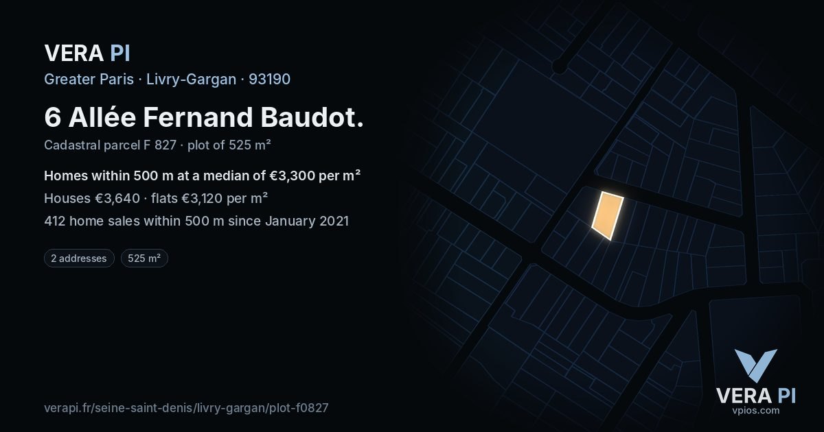 6 Allée Fernand Baudot, Livry-Gargan at night – the plot lit, the parcels around coloured by the prices near them