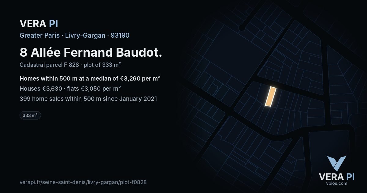 8 Allée Fernand Baudot, Livry-Gargan at night – the plot lit, the parcels around coloured by the prices near them