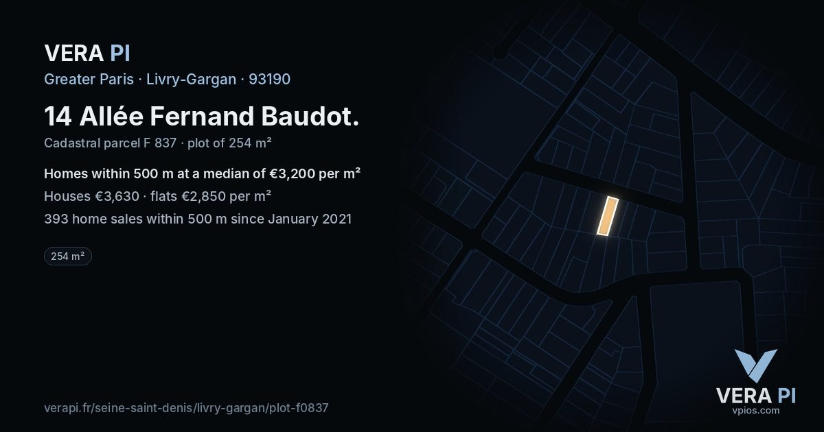 14 Allée Fernand Baudot, Livry-Gargan at night – the plot lit, the parcels around coloured by the prices near them
