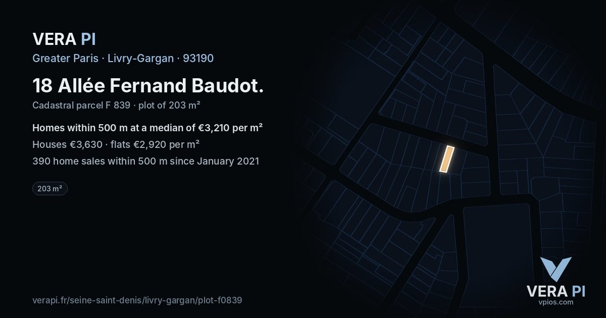 18 Allée Fernand Baudot, Livry-Gargan at night – the plot lit, the parcels around coloured by the prices near them