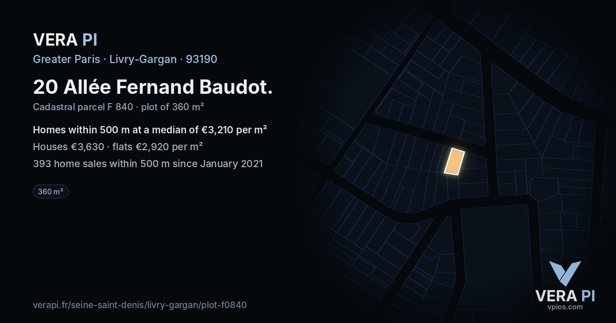 20 Allée Fernand Baudot, Livry-Gargan at night – the plot lit, the parcels around coloured by the prices near them