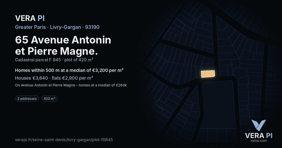 65 Avenue Antonin et Pierre Magne, Livry-Gargan at night – the plot lit, the parcels around coloured by the prices near them