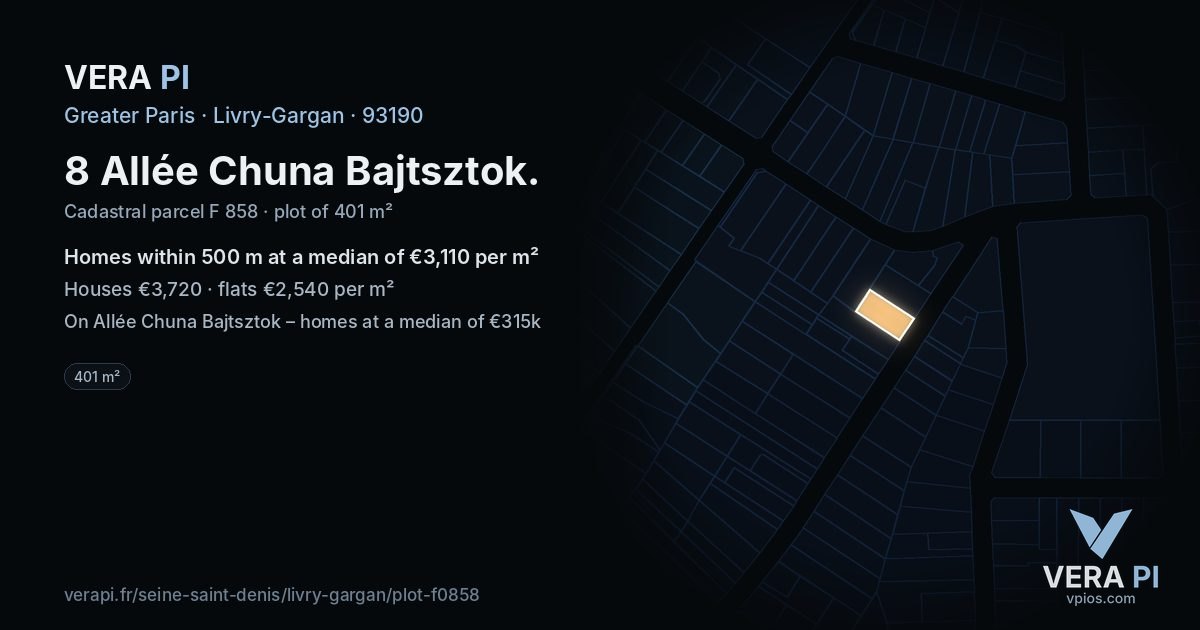 8 Allée Chuna Bajtsztok, Livry-Gargan at night – the plot lit, the parcels around coloured by the prices near them