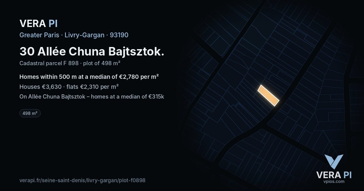 30 Allée Chuna Bajtsztok, Livry-Gargan at night – the plot lit, the parcels around coloured by the prices near them