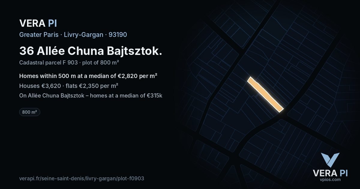 36 Allée Chuna Bajtsztok, Livry-Gargan at night – the plot lit, the parcels around coloured by the prices near them