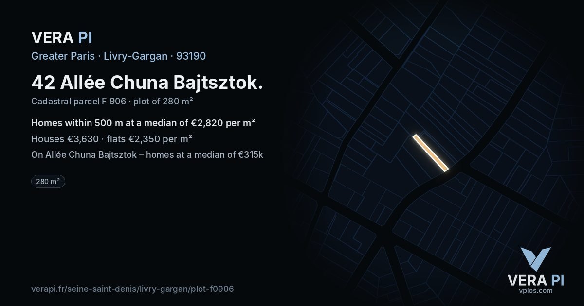 42 Allée Chuna Bajtsztok, Livry-Gargan at night – the plot lit, the parcels around coloured by the prices near them