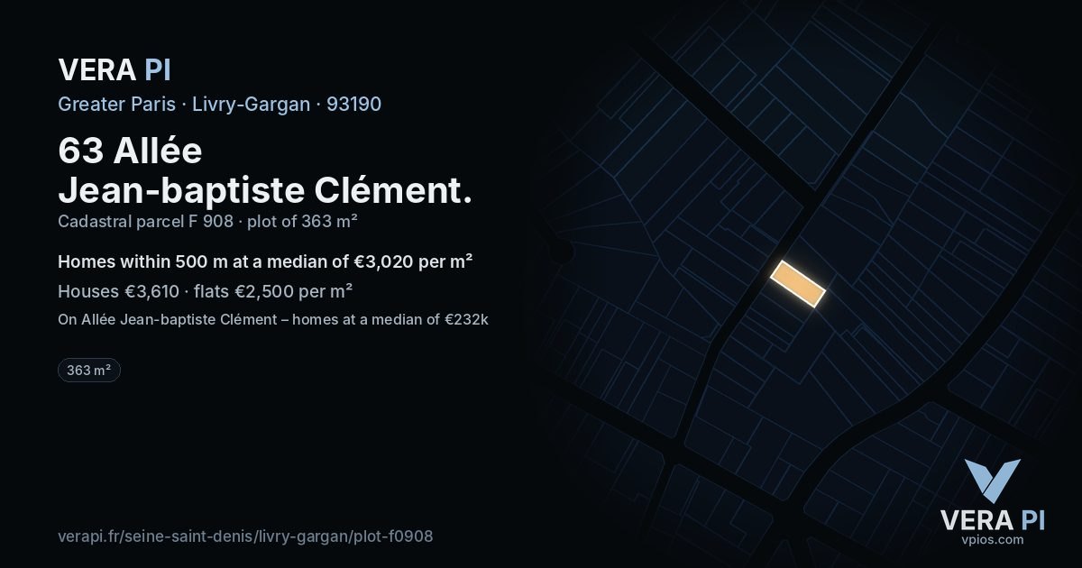 63 Allée Jean-baptiste Clément, Livry-Gargan at night – the plot lit, the parcels around coloured by the prices near them