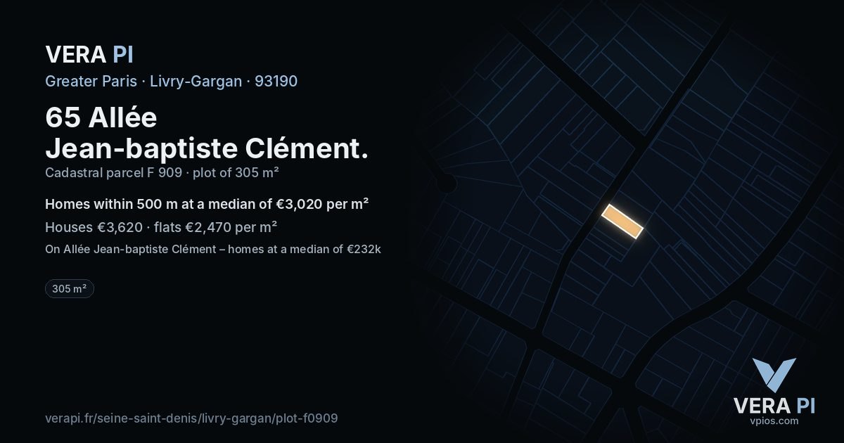 65 Allée Jean-baptiste Clément, Livry-Gargan at night – the plot lit, the parcels around coloured by the prices near them