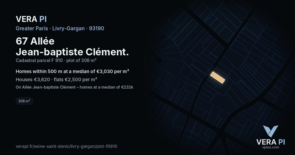 67 Allée Jean-baptiste Clément, Livry-Gargan at night – the plot lit, the parcels around coloured by the prices near them