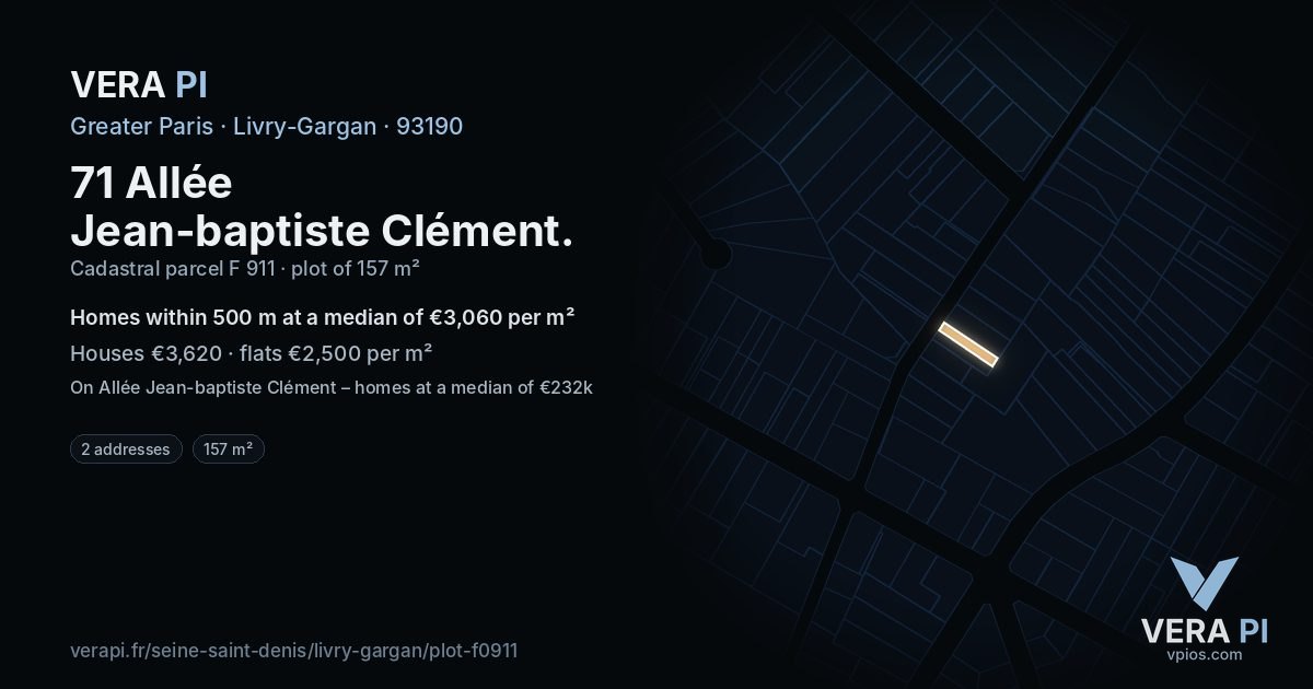 71 Allée Jean-baptiste Clément, Livry-Gargan at night – the plot lit, the parcels around coloured by the prices near them