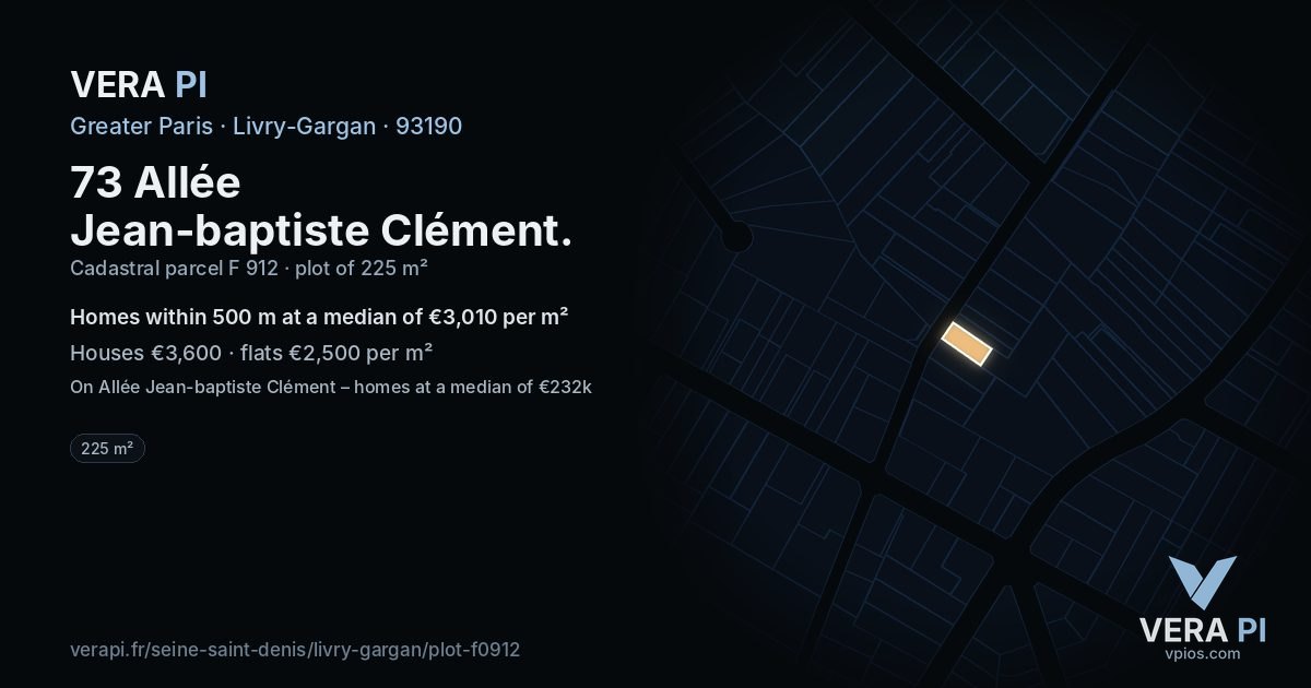 73 Allée Jean-baptiste Clément, Livry-Gargan at night – the plot lit, the parcels around coloured by the prices near them
