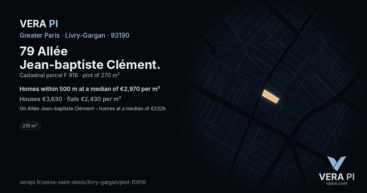 79 Allée Jean-baptiste Clément, Livry-Gargan at night – the plot lit, the parcels around coloured by the prices near them