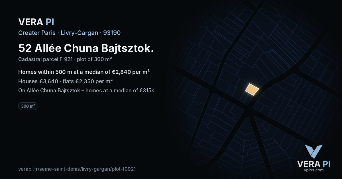 52 Allée Chuna Bajtsztok, Livry-Gargan at night – the plot lit, the parcels around coloured by the prices near them