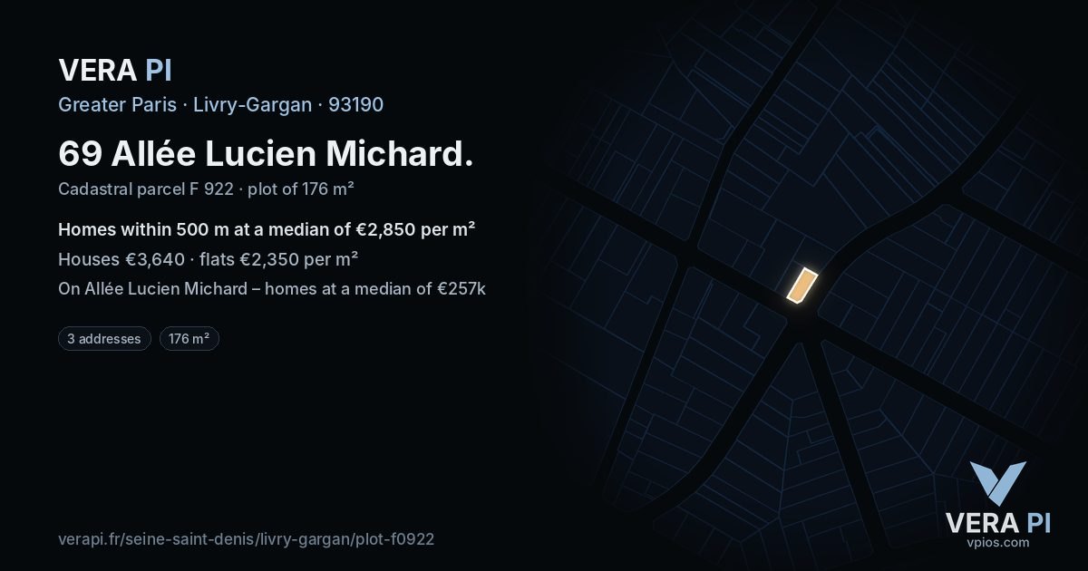 69 Allée Lucien Michard, Livry-Gargan at night – the plot lit, the parcels around coloured by the prices near them