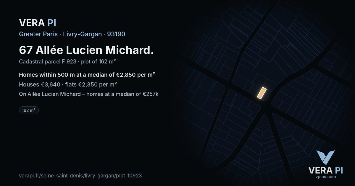 67 Allée Lucien Michard, Livry-Gargan at night – the plot lit, the parcels around coloured by the prices near them