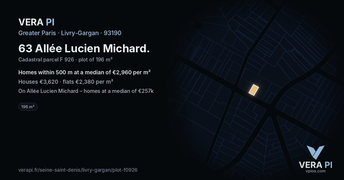 63 Allée Lucien Michard, Livry-Gargan at night – the plot lit, the parcels around coloured by the prices near them