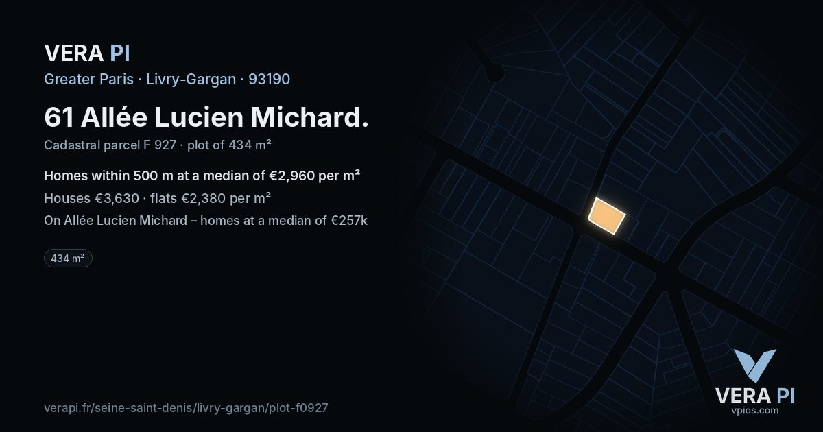 61 Allée Lucien Michard, Livry-Gargan at night – the plot lit, the parcels around coloured by the prices near them