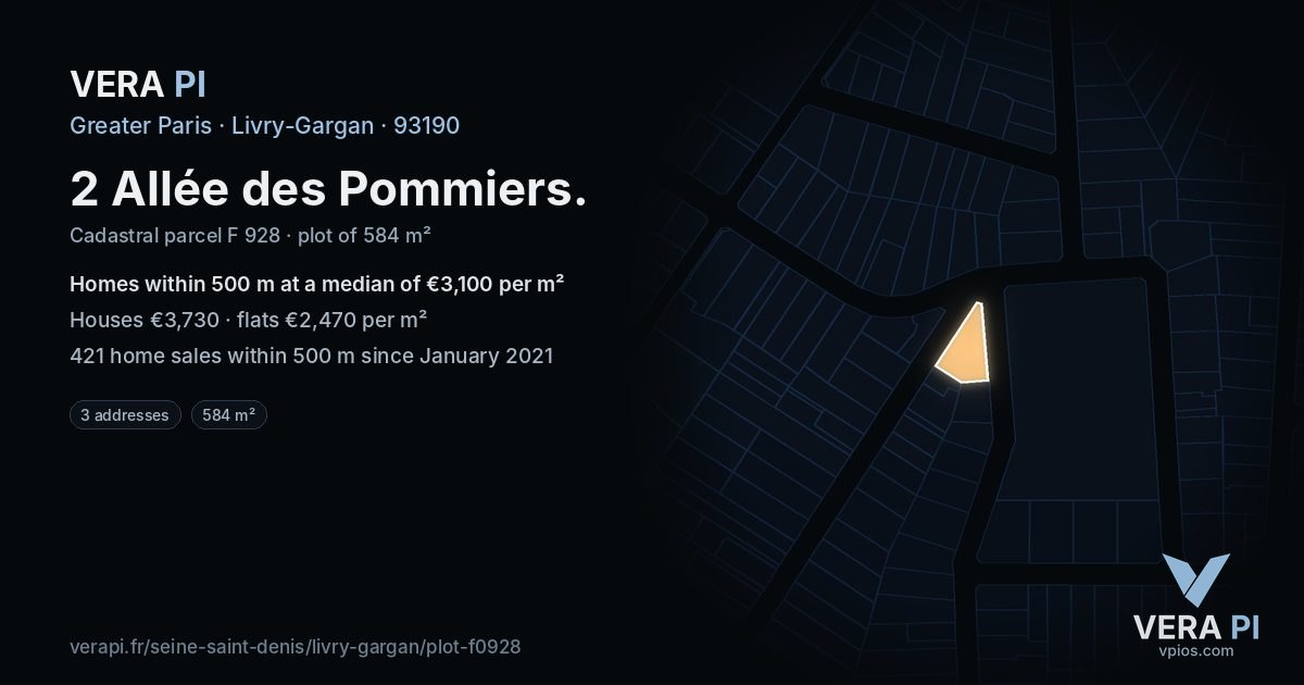 2 Allée des Pommiers, Livry-Gargan at night – the plot lit, the parcels around coloured by the prices near them