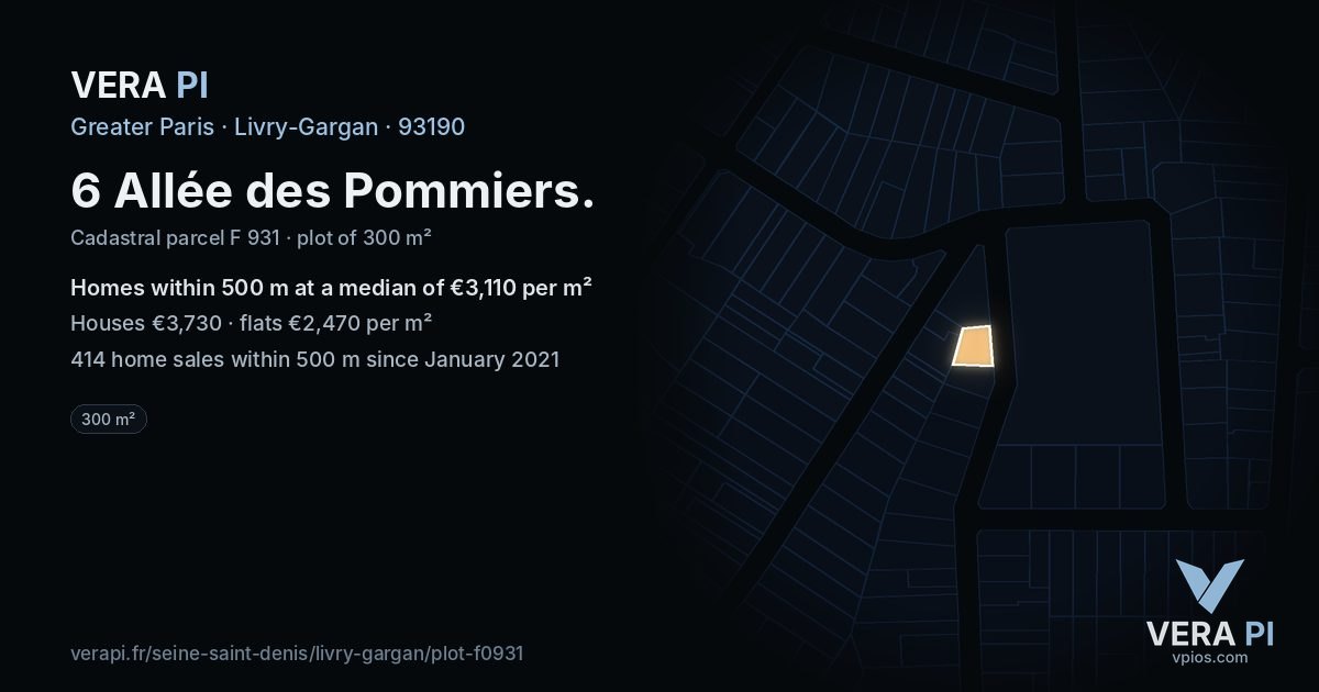 6 Allée des Pommiers, Livry-Gargan at night – the plot lit, the parcels around coloured by the prices near them