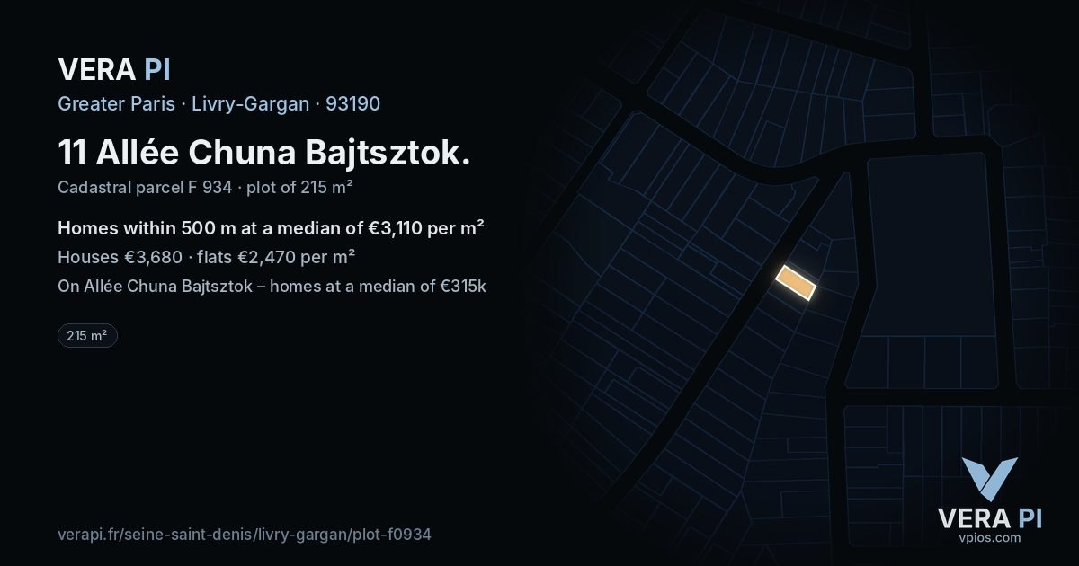 11 Allée Chuna Bajtsztok, Livry-Gargan at night – the plot lit, the parcels around coloured by the prices near them