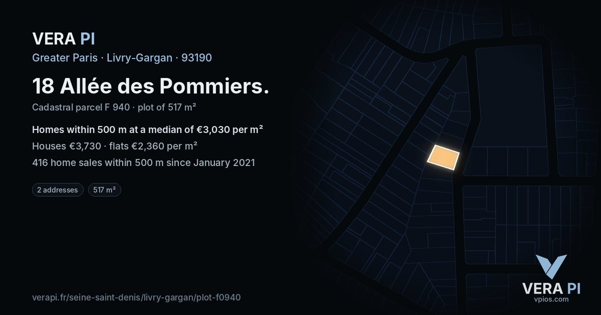 18 Allée des Pommiers, Livry-Gargan at night – the plot lit, the parcels around coloured by the prices near them