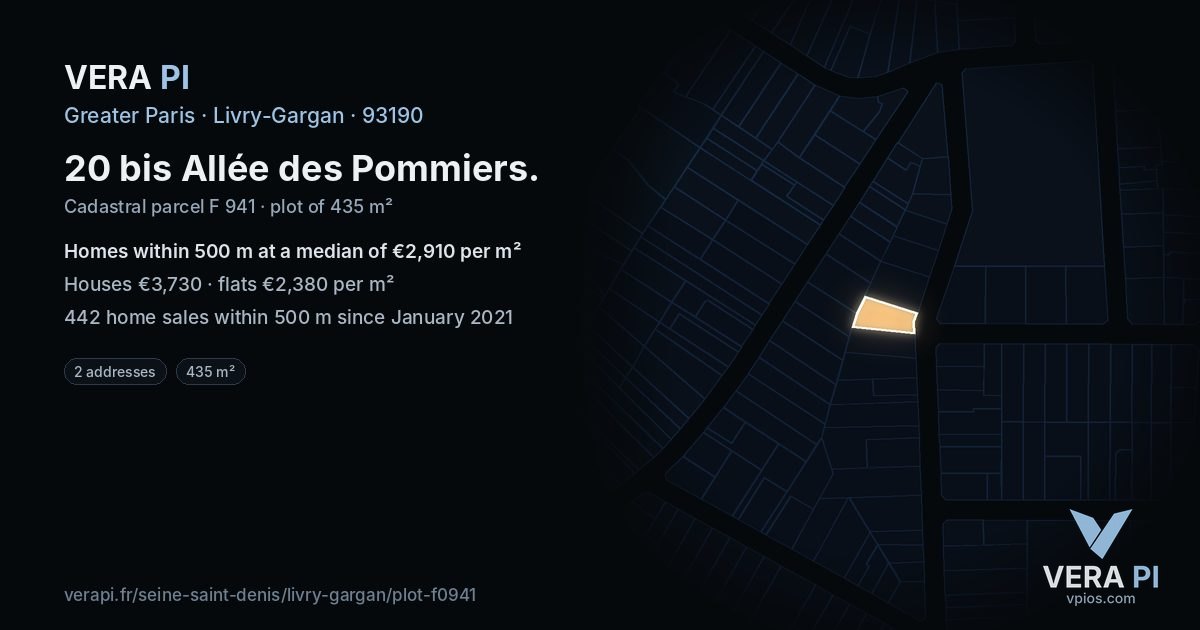 20 bis Allée des Pommiers, Livry-Gargan at night – the plot lit, the parcels around coloured by the prices near them