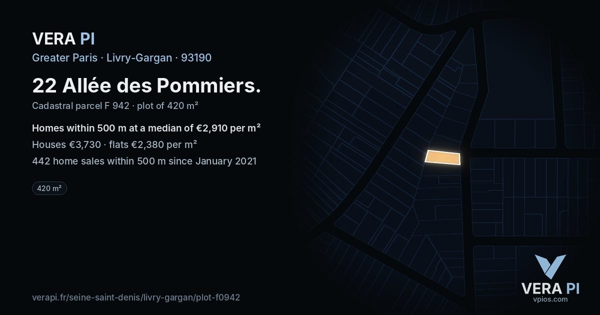22 Allée des Pommiers, Livry-Gargan at night – the plot lit, the parcels around coloured by the prices near them