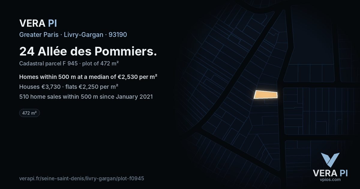 24 Allée des Pommiers, Livry-Gargan at night – the plot lit, the parcels around coloured by the prices near them