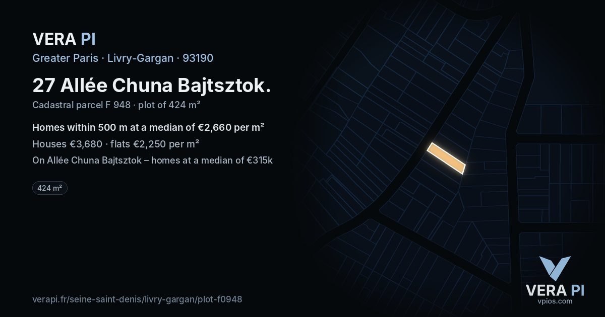 27 Allée Chuna Bajtsztok, Livry-Gargan at night – the plot lit, the parcels around coloured by the prices near them