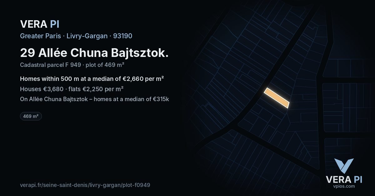 29 Allée Chuna Bajtsztok, Livry-Gargan at night – the plot lit, the parcels around coloured by the prices near them