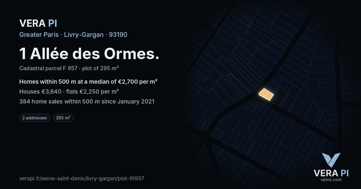 1 Allée des Ormes, Livry-Gargan at night – the plot lit, the parcels around coloured by the prices near them