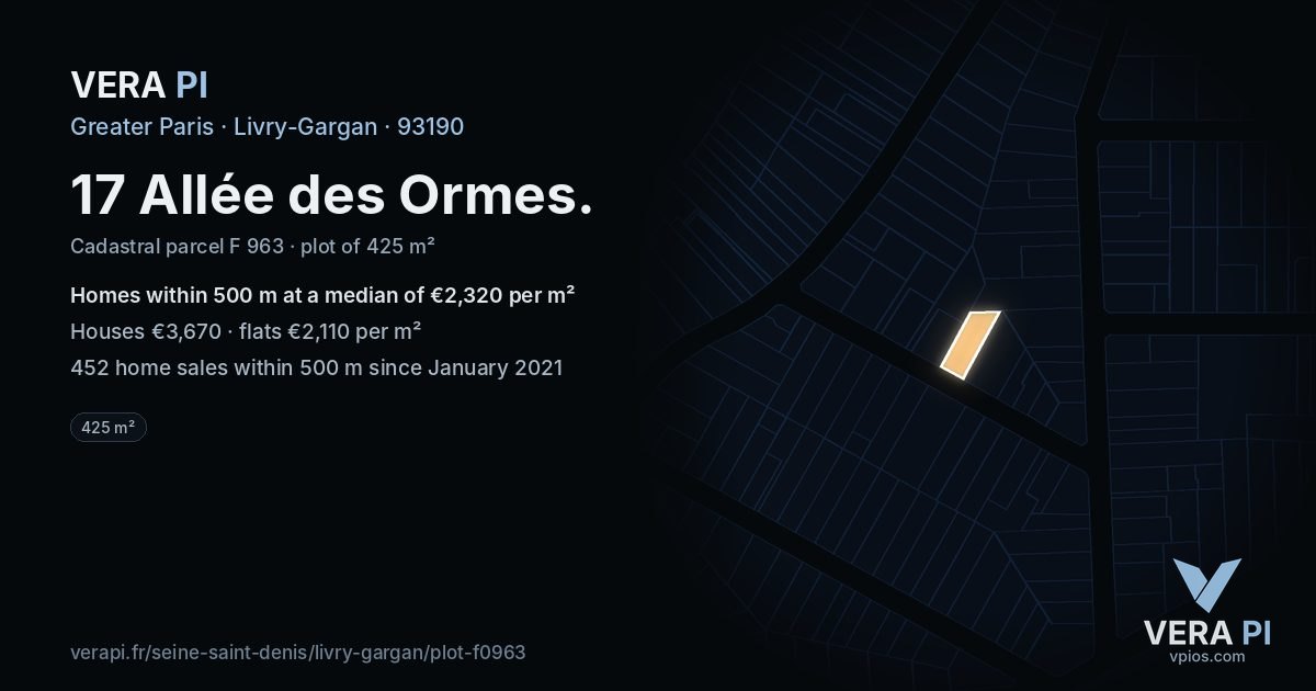 17 Allée des Ormes, Livry-Gargan at night – the plot lit, the parcels around coloured by the prices near them