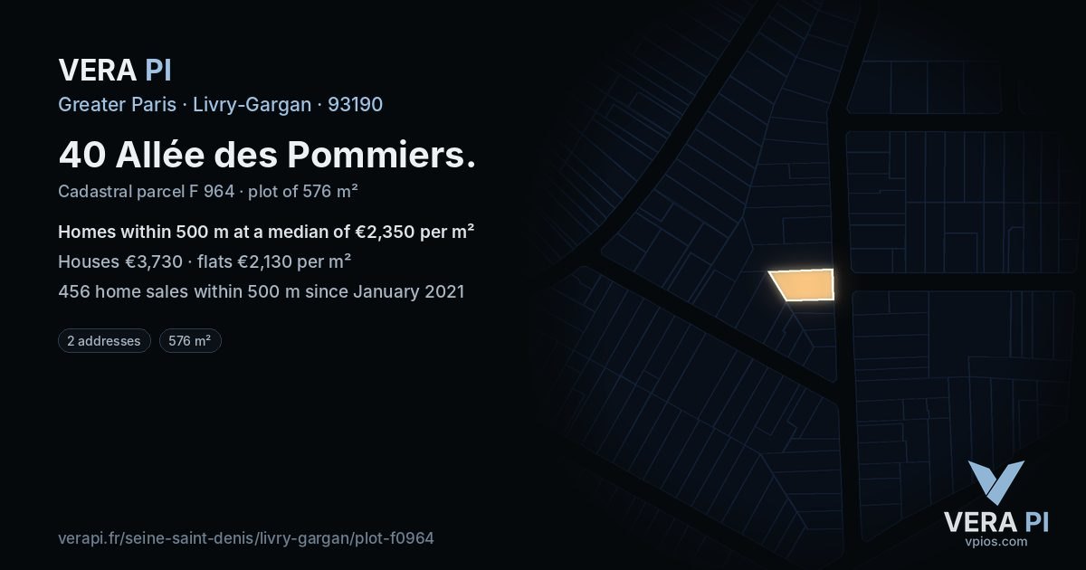 40 Allée des Pommiers, Livry-Gargan at night – the plot lit, the parcels around coloured by the prices near them