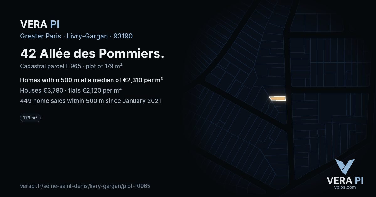 42 Allée des Pommiers, Livry-Gargan at night – the plot lit, the parcels around coloured by the prices near them