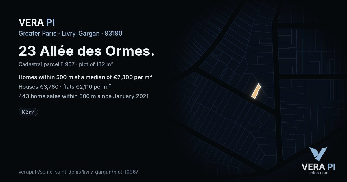 23 Allée des Ormes, Livry-Gargan at night – the plot lit, the parcels around coloured by the prices near them
