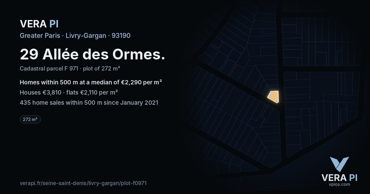 29 Allée des Ormes, Livry-Gargan at night – the plot lit, the parcels around coloured by the prices near them