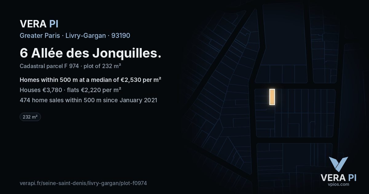 6 Allée des Jonquilles, Livry-Gargan at night – the plot lit, the parcels around coloured by the prices near them