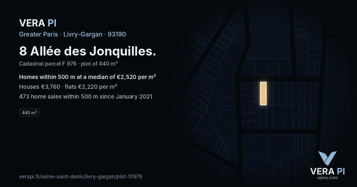 8 Allée des Jonquilles, Livry-Gargan at night – the plot lit, the parcels around coloured by the prices near them