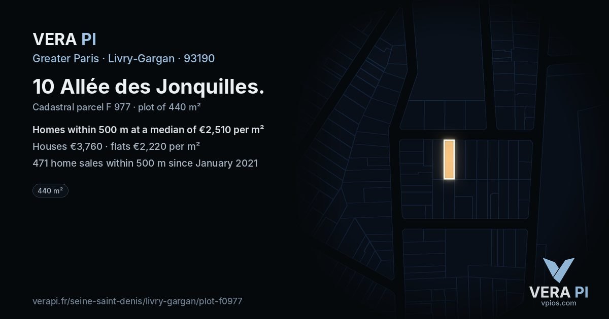 10 Allée des Jonquilles, Livry-Gargan at night – the plot lit, the parcels around coloured by the prices near them