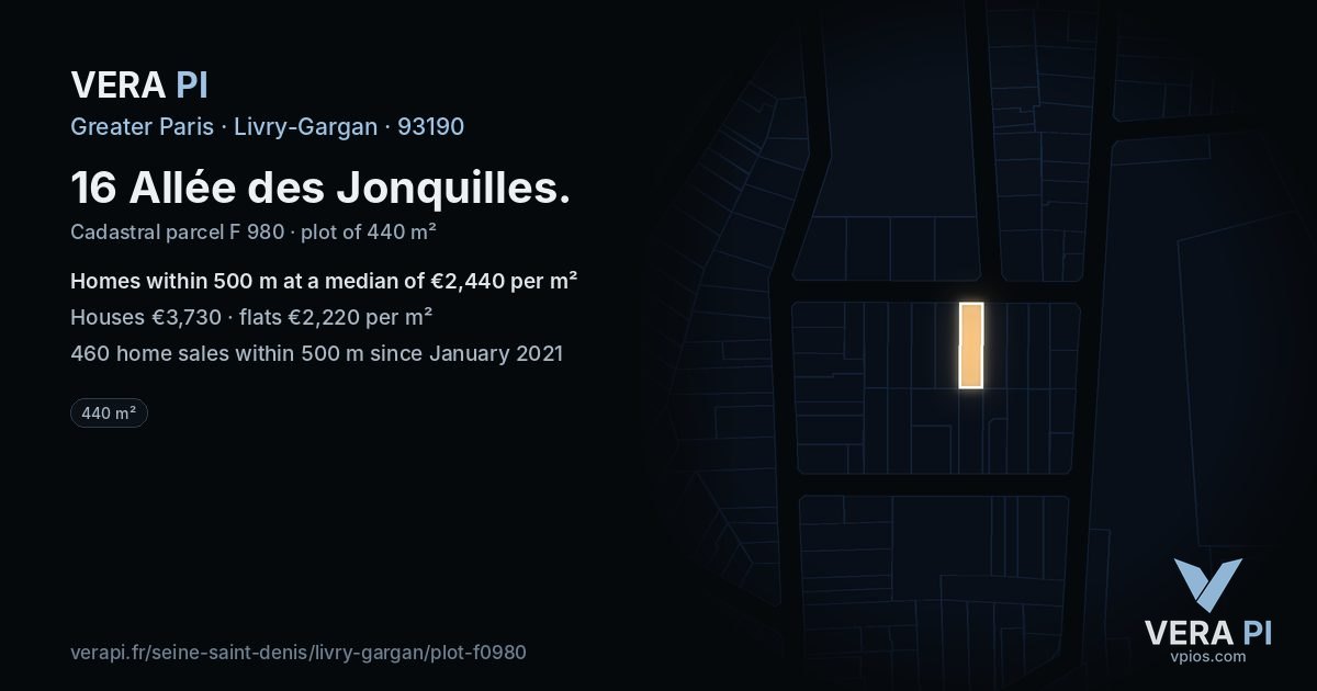 16 Allée des Jonquilles, Livry-Gargan at night – the plot lit, the parcels around coloured by the prices near them