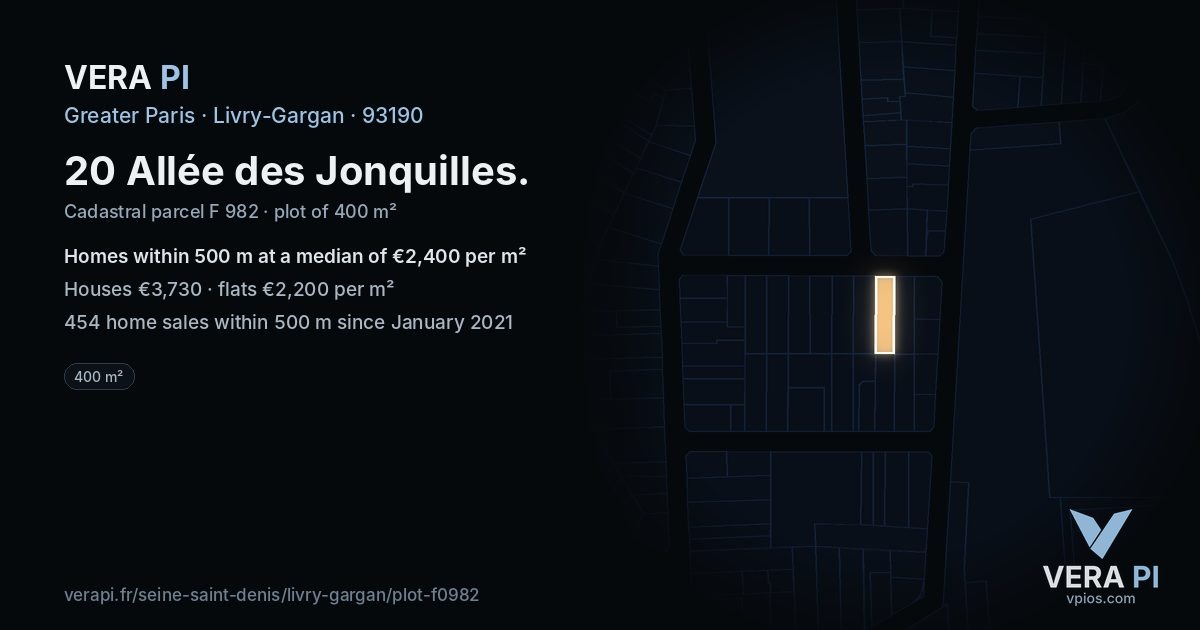 20 Allée des Jonquilles, Livry-Gargan at night – the plot lit, the parcels around coloured by the prices near them