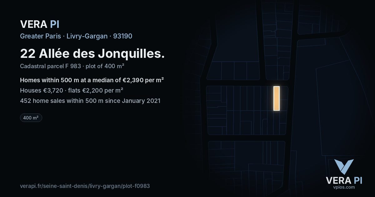 22 Allée des Jonquilles, Livry-Gargan at night – the plot lit, the parcels around coloured by the prices near them