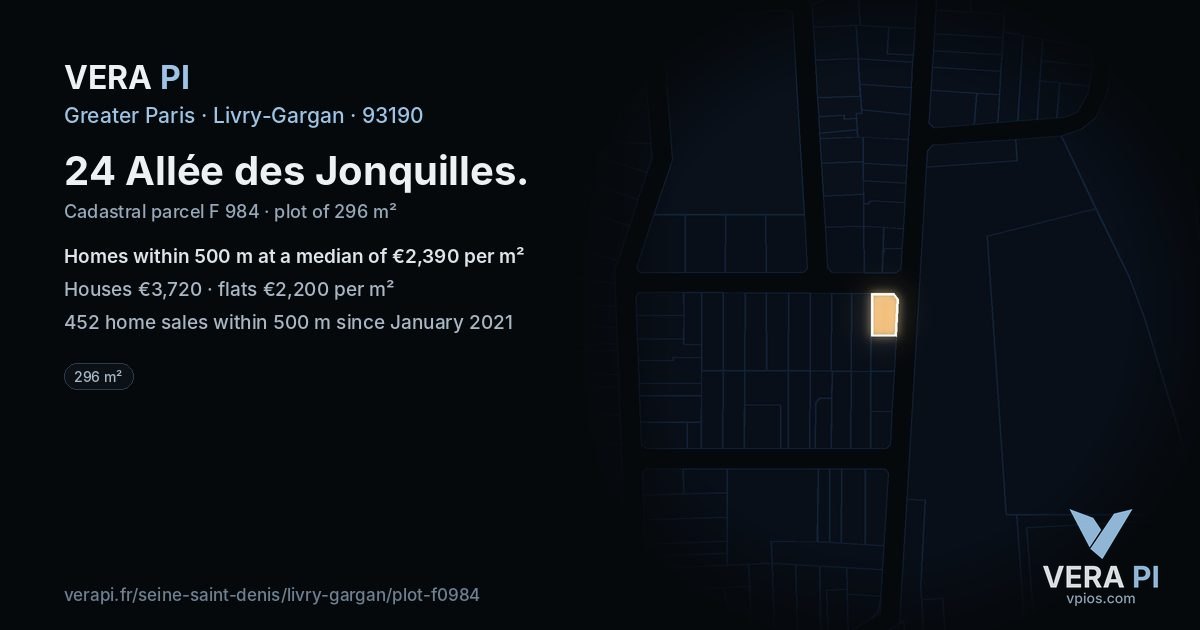 24 Allée des Jonquilles, Livry-Gargan at night – the plot lit, the parcels around coloured by the prices near them