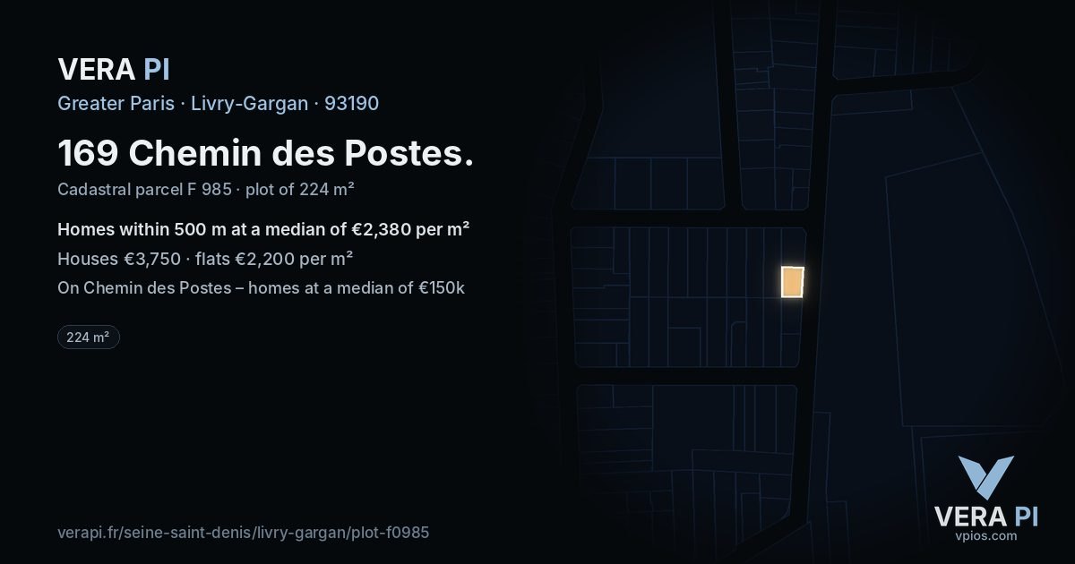 169 Chemin des Postes, Livry-Gargan at night – the plot lit, the parcels around coloured by the prices near them
