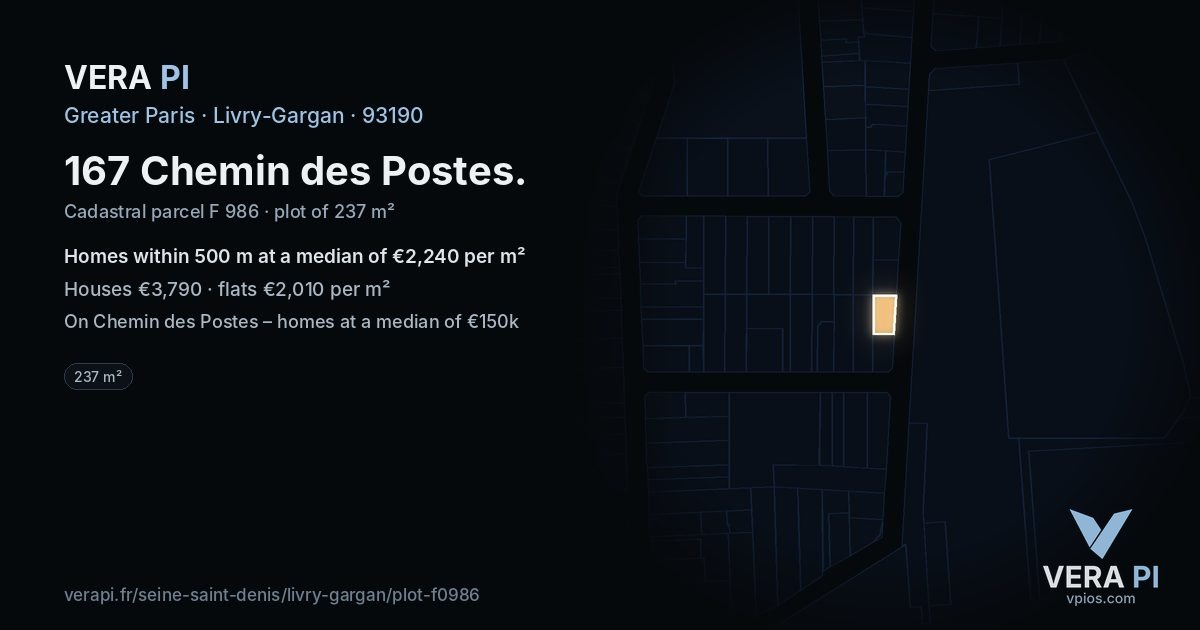 167 Chemin des Postes, Livry-Gargan at night – the plot lit, the parcels around coloured by the prices near them